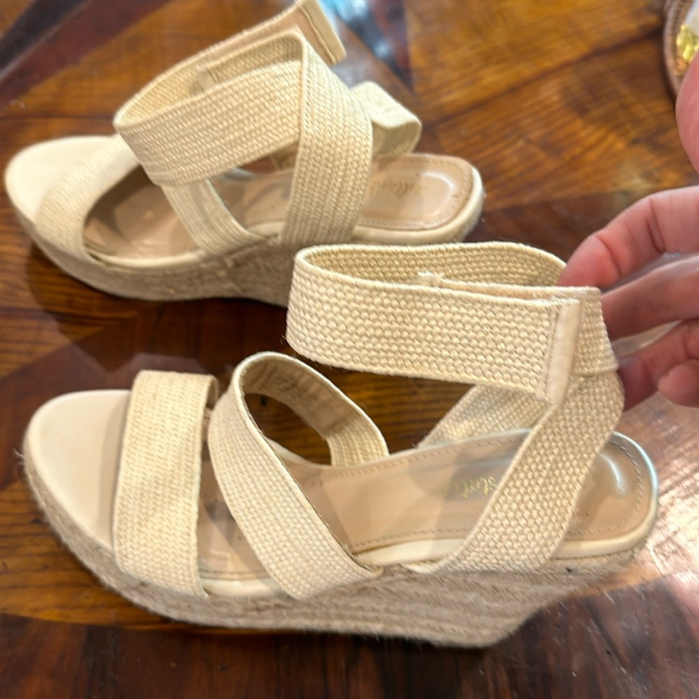 Altered state woven strap, wedge heels, cream color